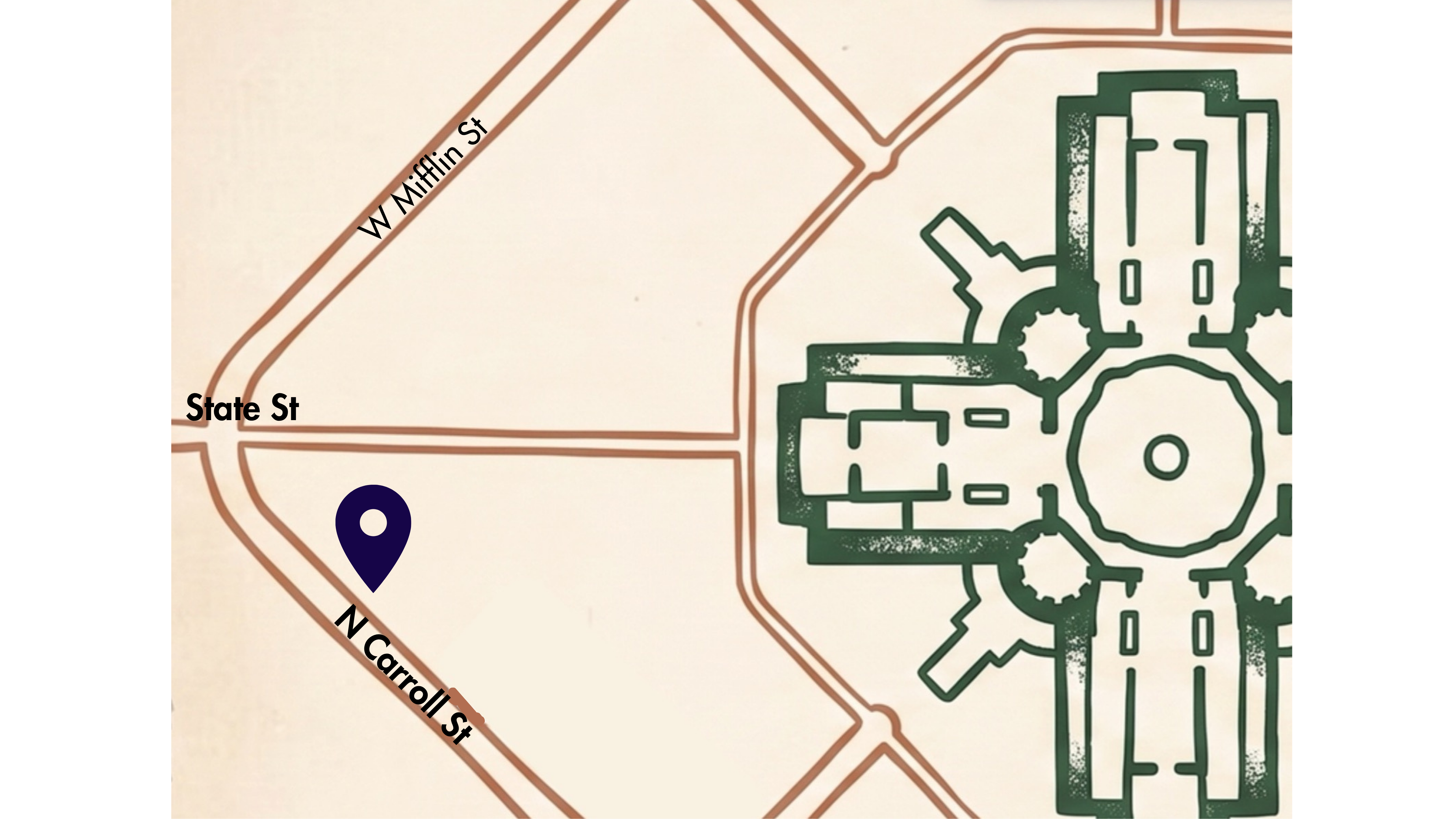 Hand-drawn map of the Wisconsin State Capitol square, downtown Madison